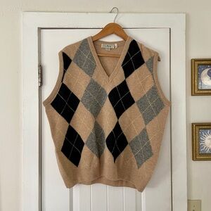 Men's XL Vintage LL Bean Sweater Vest Mens Large Plaid Wool Vest Tan Argyle Knit